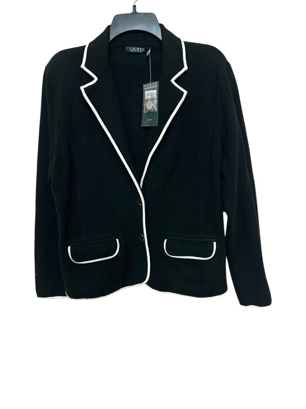 NWT Lauren Ralph Lauren Black Knit Blazer with Contrast White Piping  size PL